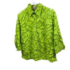Choices‎ Women's Green Button Down 3/4 Sleeve Sheer Mesh Top Blouse